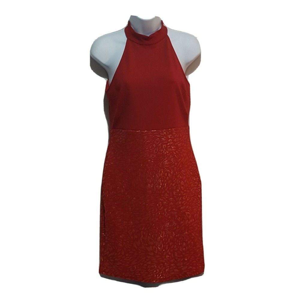 Y2K Halter BodyCon Dress Size M Vizio USA Stretch Gold Glitter Short Party
